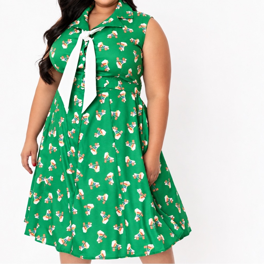 Unique, vintage roller-skate Green Tie-Neck Sleeveless Fit & Flare Dress 1X